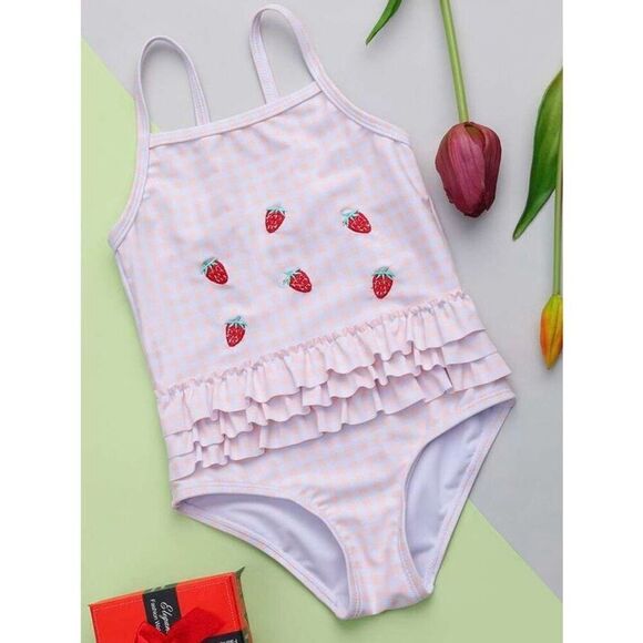NEW Sweet Pineapple Toddler Girls 4T Pink/White Gingham Embroidered Strawberry 1 - Picture 1 of 6